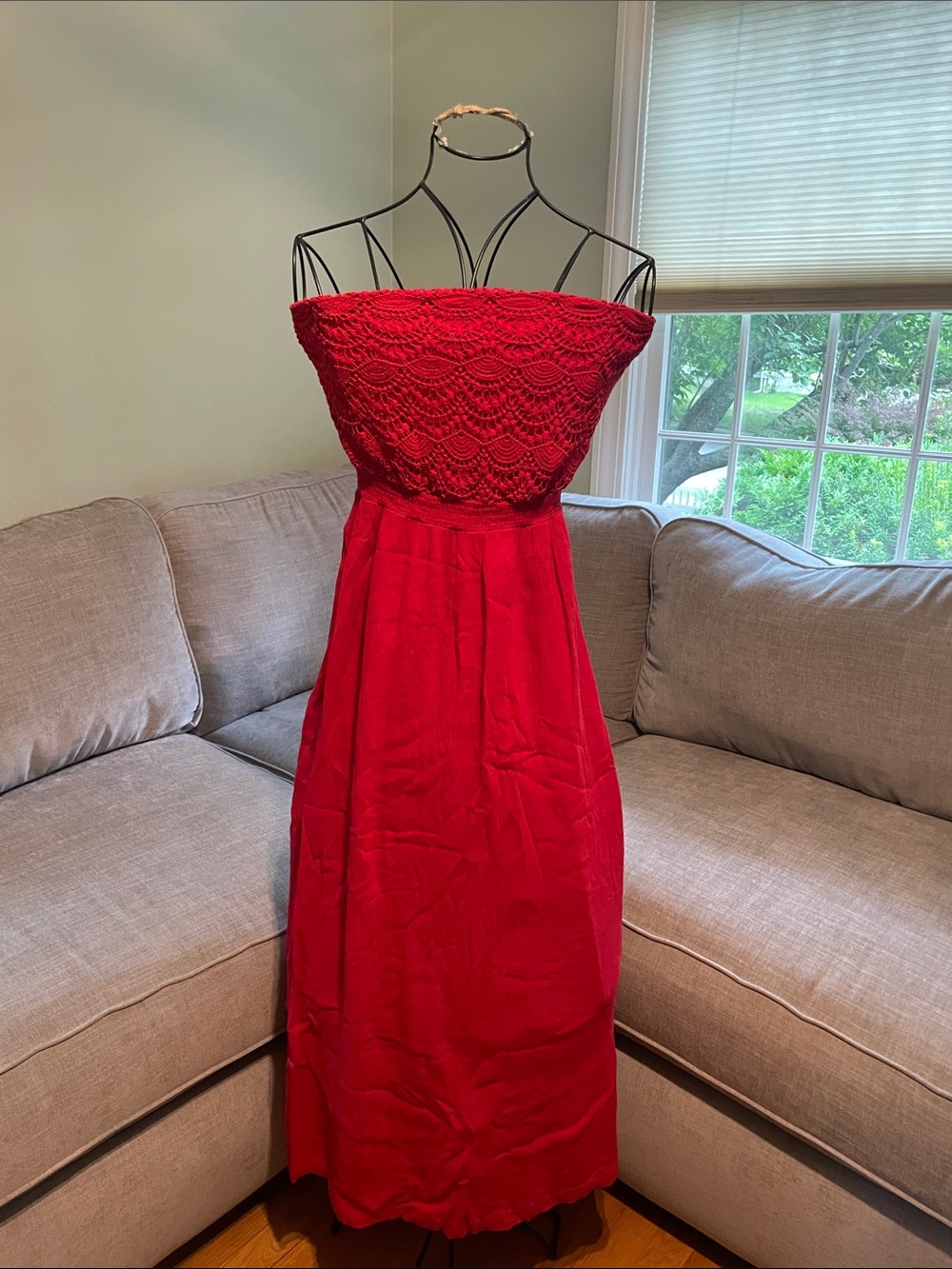 Lucky Brand Strapless Red Maxi Dress with Crochet Bodice